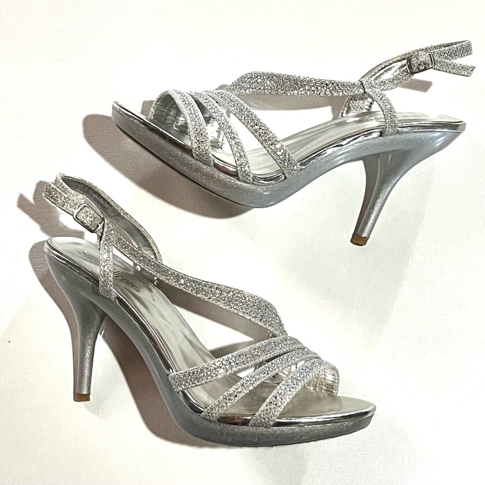 Size 6.5 Silver Slipper Brand Rhinestone Heels